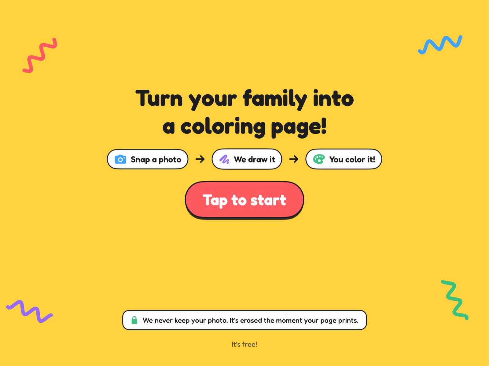 The booth's welcome screen: a bright yellow page reading Turn your family into a coloring page, three steps (snap a photo, we draw it, you color it), a big Tap to start button and the line We never keep your photo.