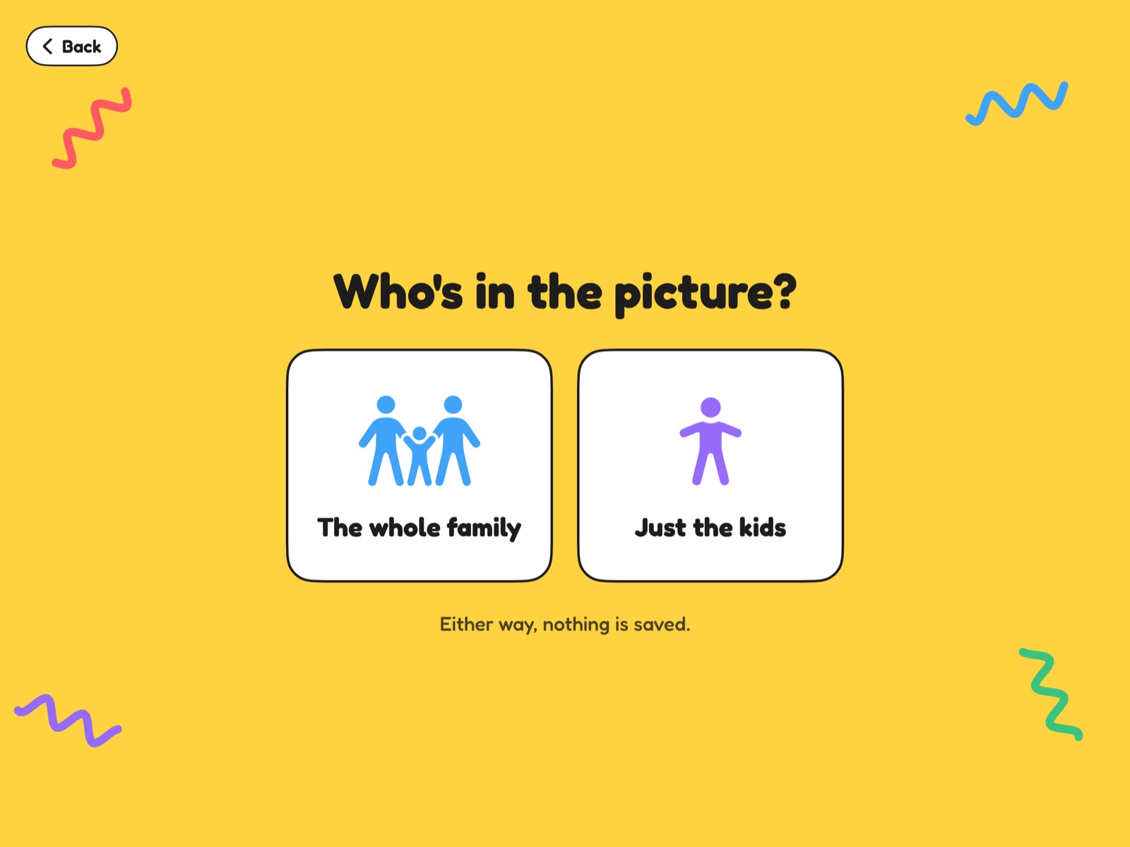 The second screen, Who's in the picture, with two big choices: The whole family, or Just the kids, and the line Either way, nothing is saved.
