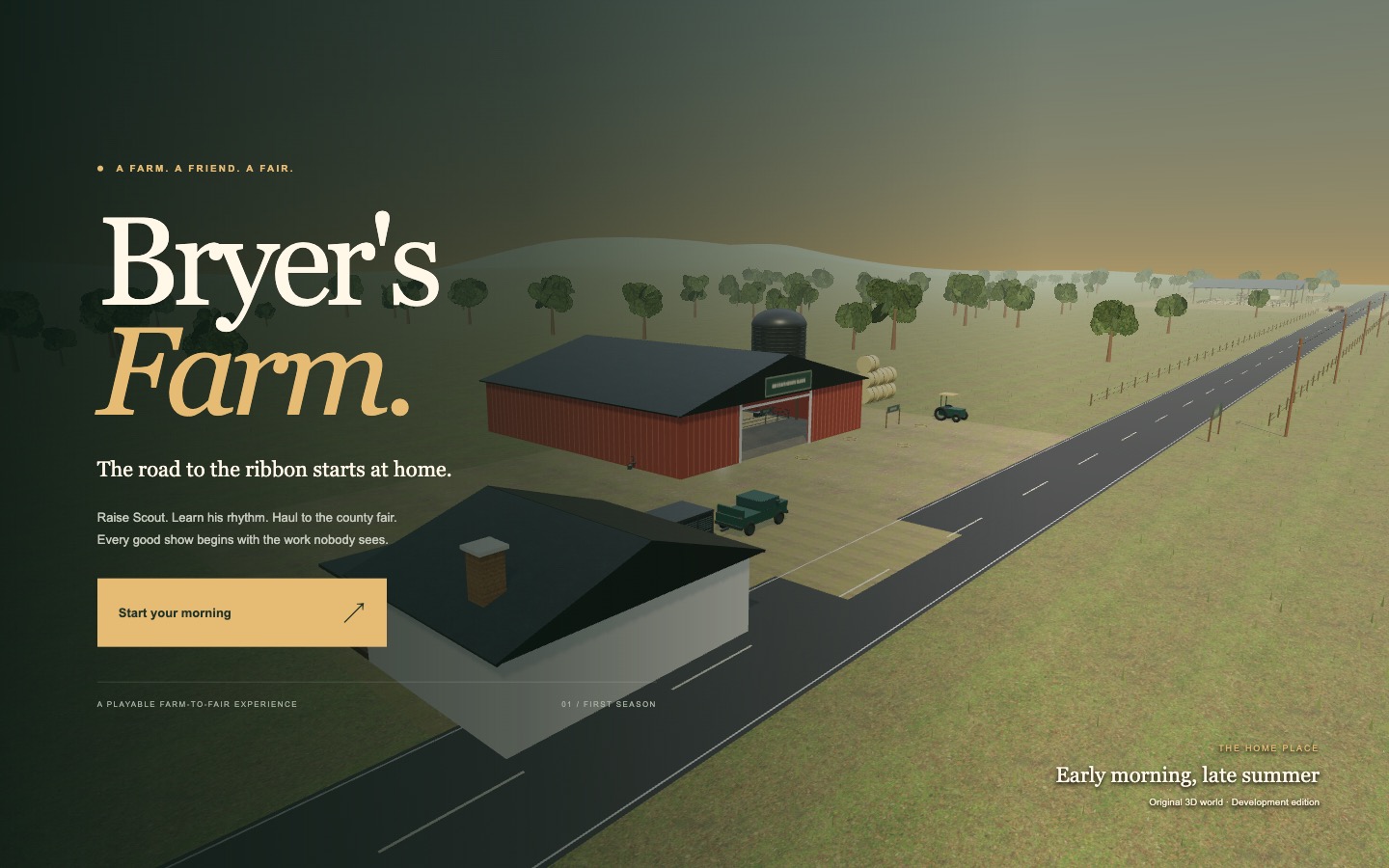 Bryer's Farm: a 3D farmhouse, show barn, livestock trailer and country road leading to the fair.