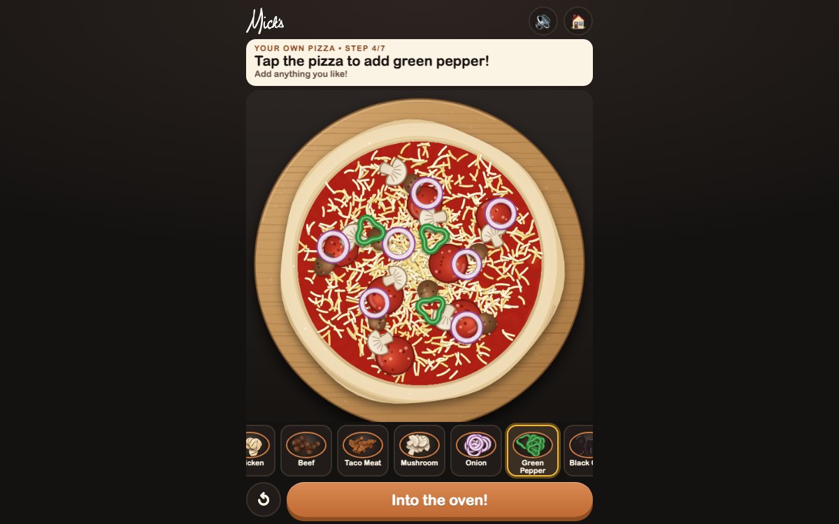 Mick's Pizza Builder: a hand-stretched pizza on a wooden board being topped with pepperoni, sausage, mushroom and onion, with bowls of toppings underneath.