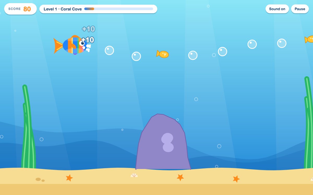 Charlie's Rainbow Fish: a striped blue and orange fish swims past a row of bubbles, with a score and a level progress bar along the top.