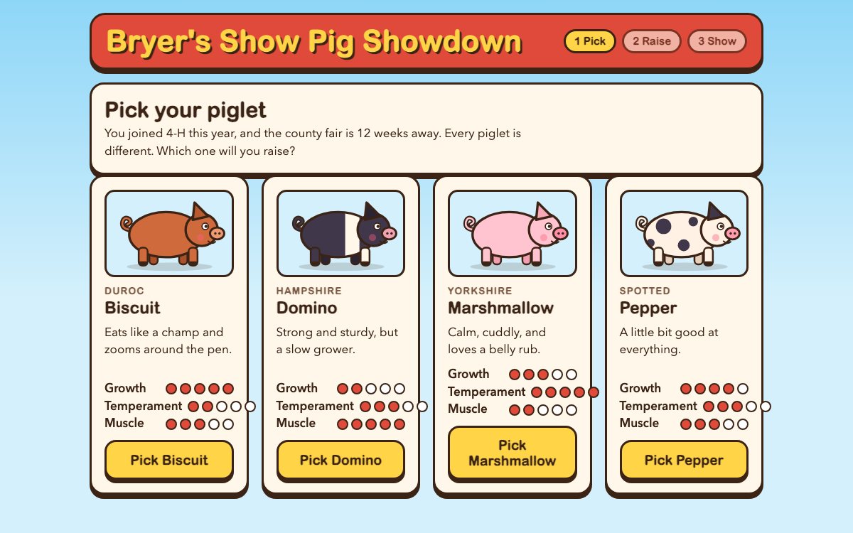 Bryer's Show Pig Showdown: a county-fair style screen offering four piglets to raise, each with growth, temperament and muscle ratings.