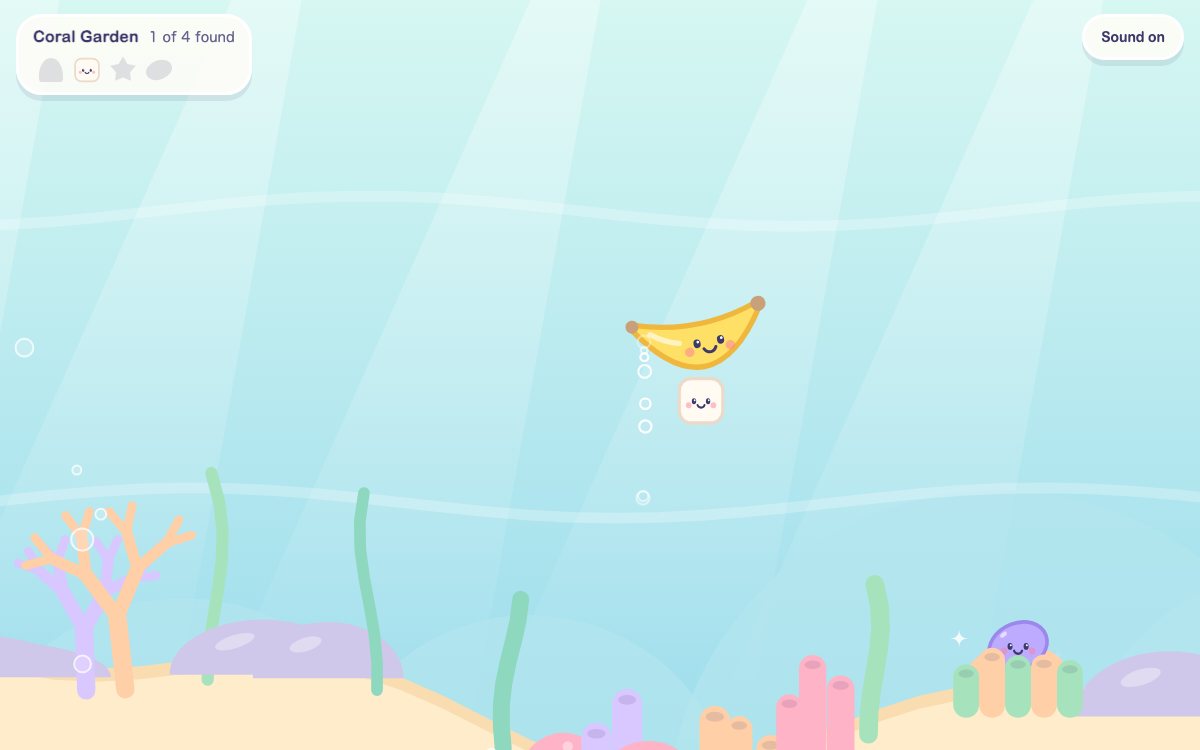 Scotlyn's Squishy Sea: a smiling banana swims through a pastel coral garden with a rescued marshmallow following it.