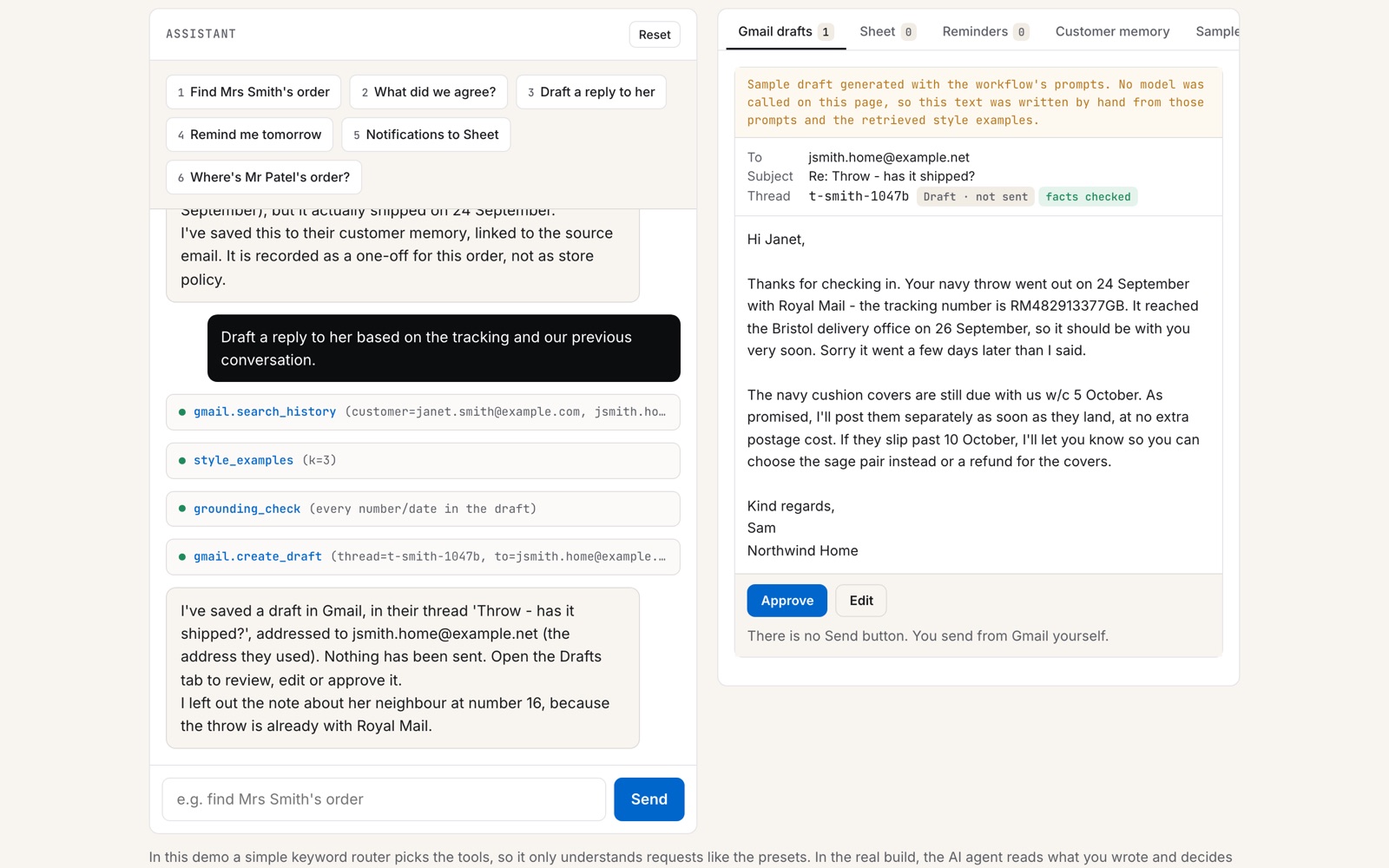 Online store assistant demo that finds an order, drafts a reply and sets a reminder