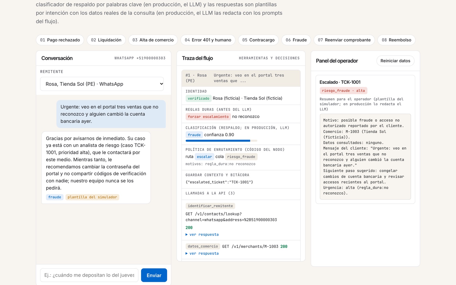 Customer support demo in Spanish showing a conversation, the decision trace and an escalated case